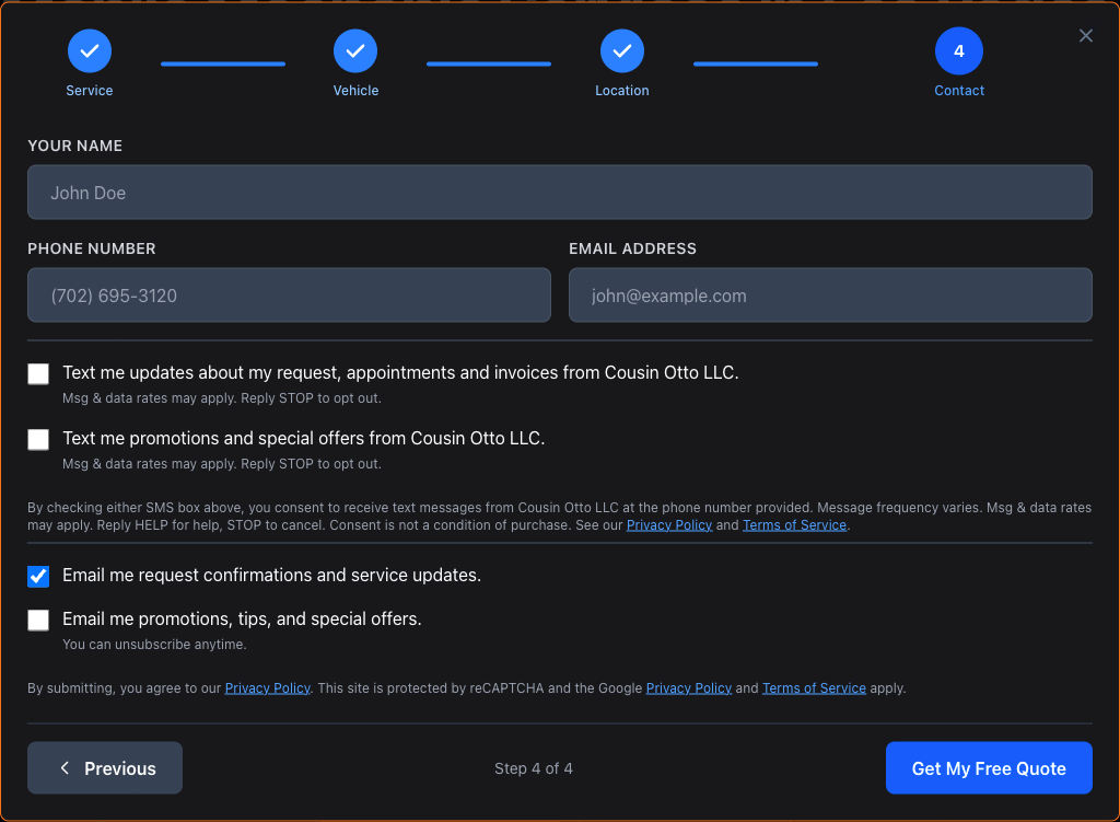 Step 4, Contact, of the Cousin Otto quote request form: name, phone and email fields, the two unchecked SMS consent boxes, the SMS disclosure, and the Get My Free Quote button.